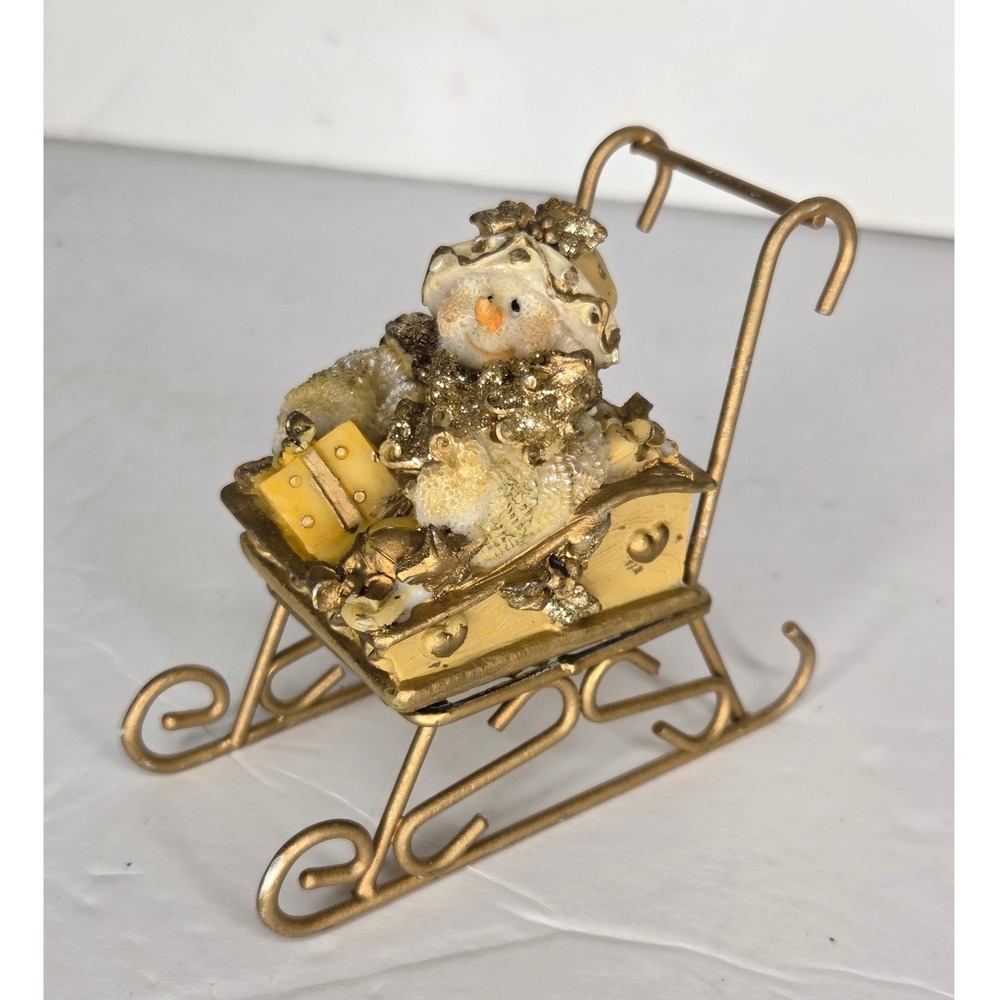 Gold Glitter Snowman in Sleigh Figurine Christmas Holiday Decor Gold Tones